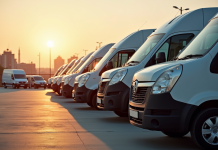 Parking de camions cargo au lever du soleil avec lumière dorée