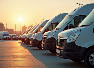 Parking de camions cargo au lever du soleil avec lumière dorée