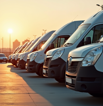 Parking de camions cargo au lever du soleil avec lumière dorée