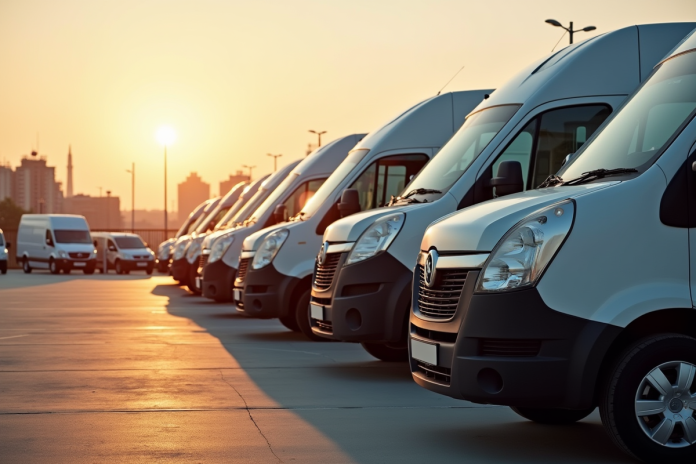 Parking de camions cargo au lever du soleil avec lumière dorée