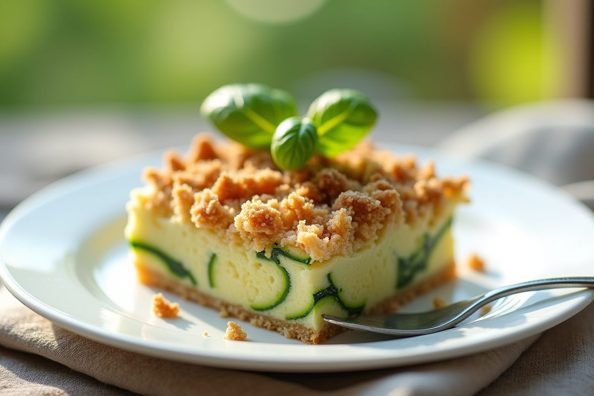 Part de gratin de courgettes sur assiette avec basilic
