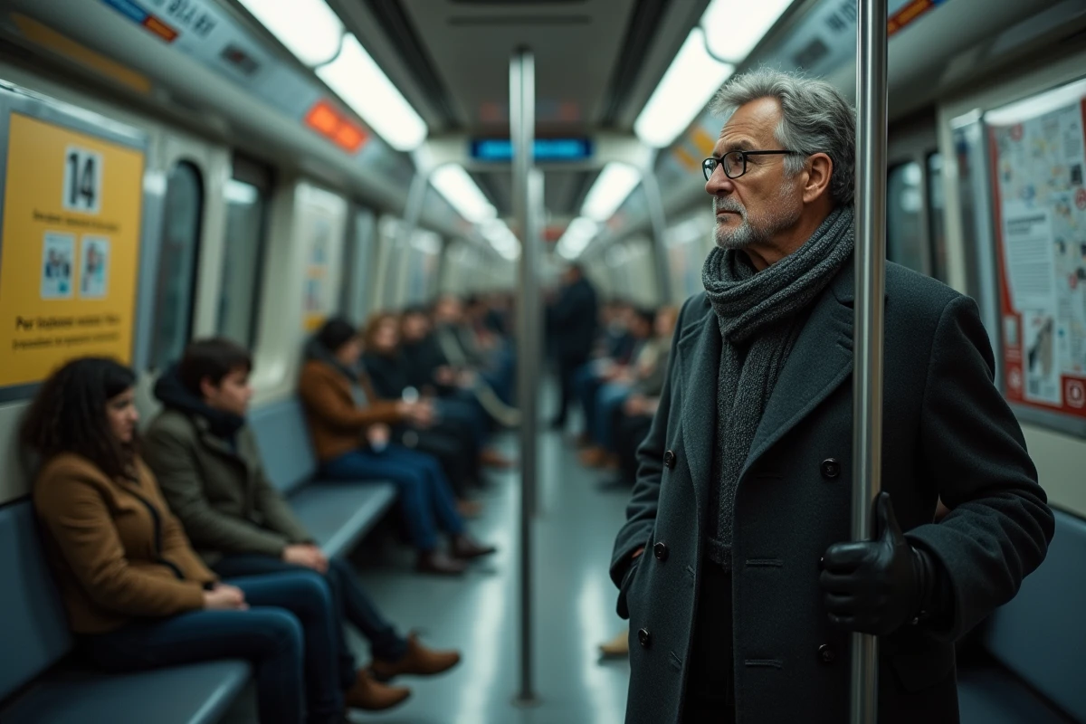 Passager consultant le plan du métro ligne 14 dans une rame bondée à Paris