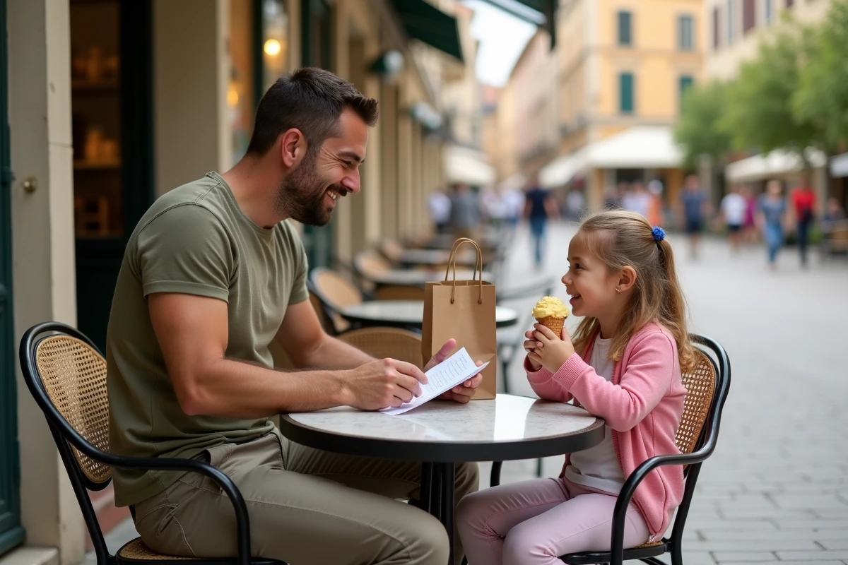 Père et fille faisant une pause en terrasse de café après leurs courses dans les magasins ouverts le dimanche à Montpellier