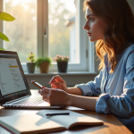 Personne travaillant à un bureau moderne avec ordinateur et smartphone pour traduction