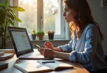 Personne travaillant à un bureau moderne avec ordinateur et smartphone pour traduction