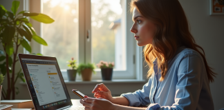 Personne travaillant à un bureau moderne avec ordinateur et smartphone pour traduction