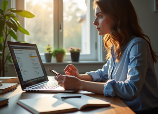 Personne travaillant à un bureau moderne avec ordinateur et smartphone pour traduction