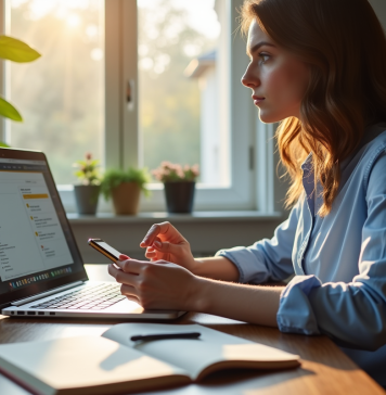 Personne travaillant à un bureau moderne avec ordinateur et smartphone pour traduction