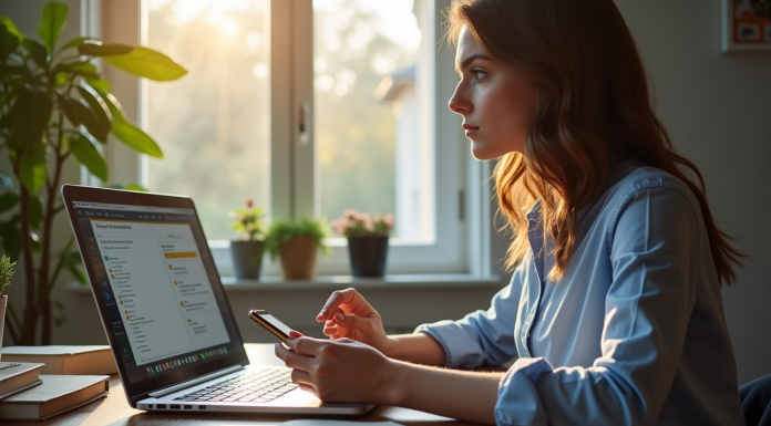 Personne travaillant à un bureau moderne avec ordinateur et smartphone pour traduction