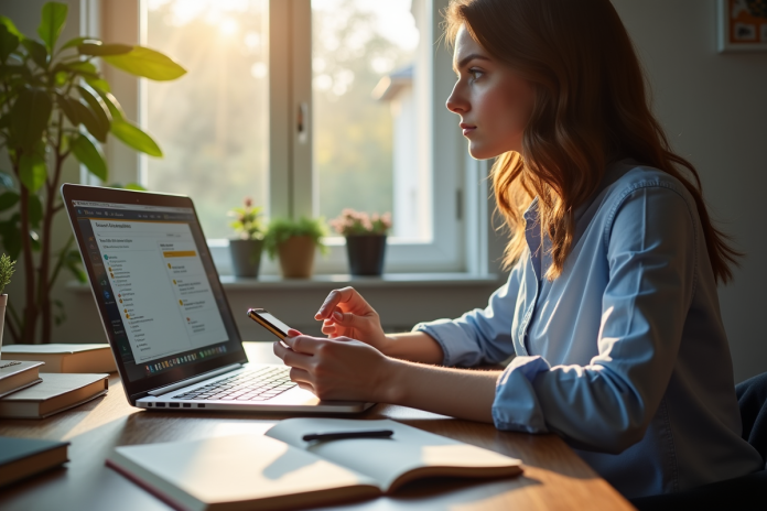Personne travaillant à un bureau moderne avec ordinateur et smartphone pour traduction