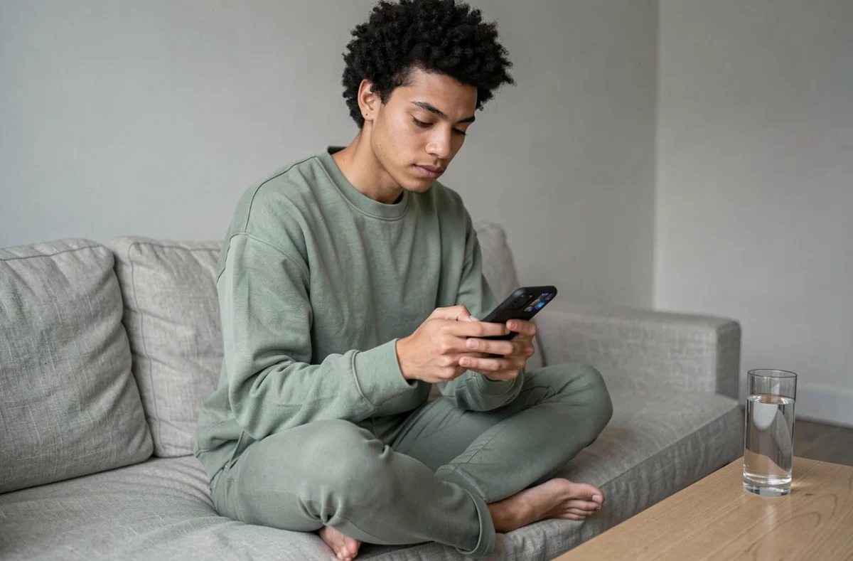 Personne non-binaire consultant des profils sur une application de rencontre trans depuis son salon