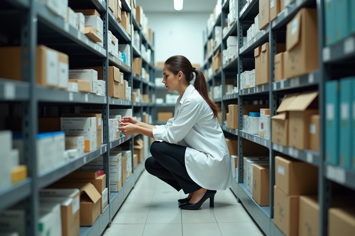Pharmacienne en réserve de pharmacie lisant les étiquettes de médicaments sur des étagères métalliques bien organisées