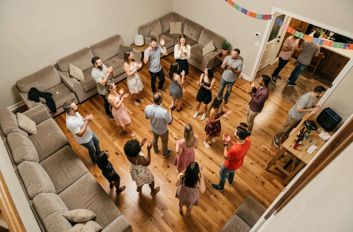 Vue aérienne d'une piste de danse animée lors d'une soirée privée dans un appartement avec convives en mouvement