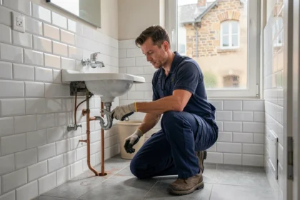 Un plombier professionnel en combinaison bleue travaille sous un lavabo dans une salle de bain moderne à Caen