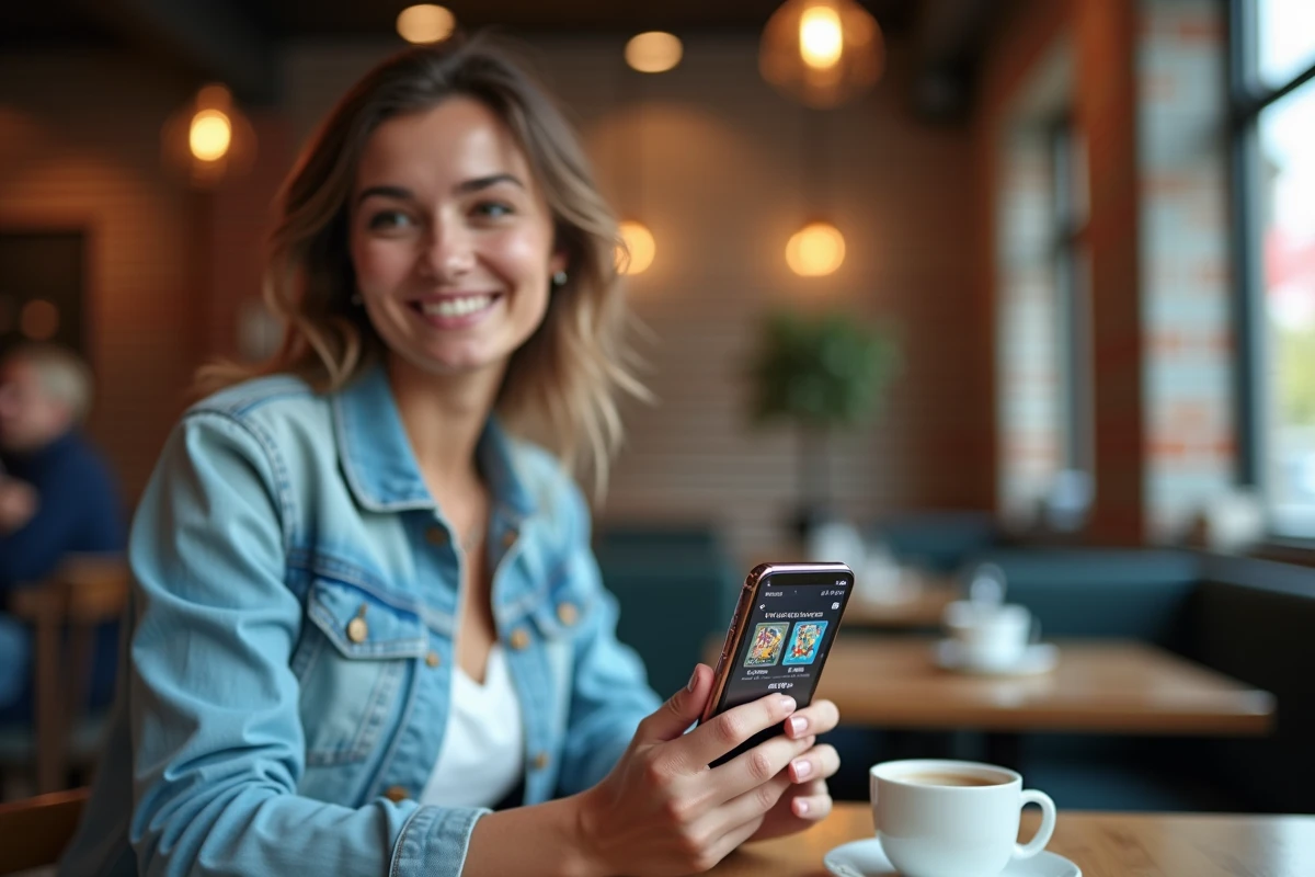 Femme utilisant un iPhone dans un café pour accéder à l'interface cadeau de Pokémon TCG Pocket sur iOS