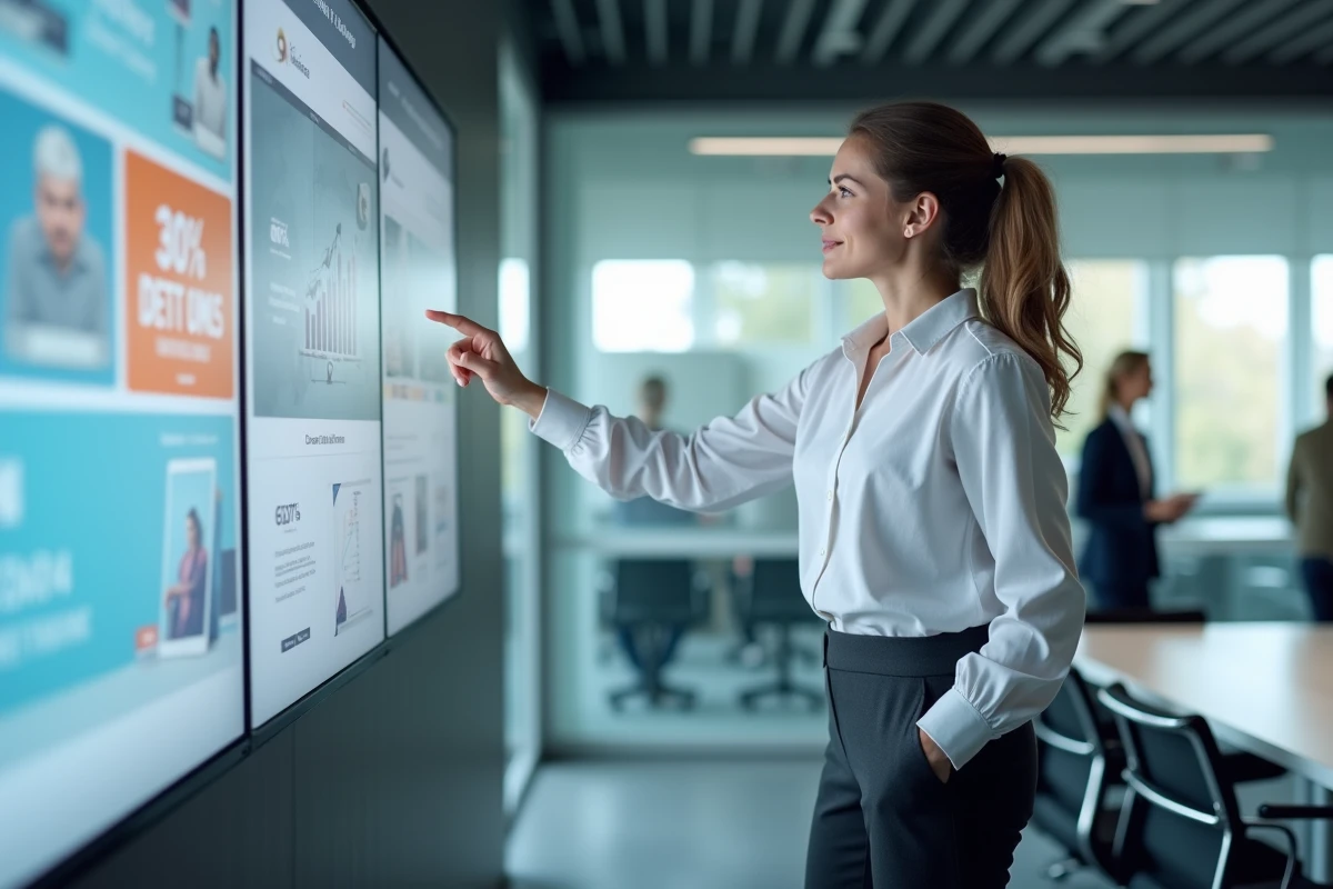 Femme présentant les résultats de qualité d'image et de publicité sur CrunchScan dans une salle de réunion moderne