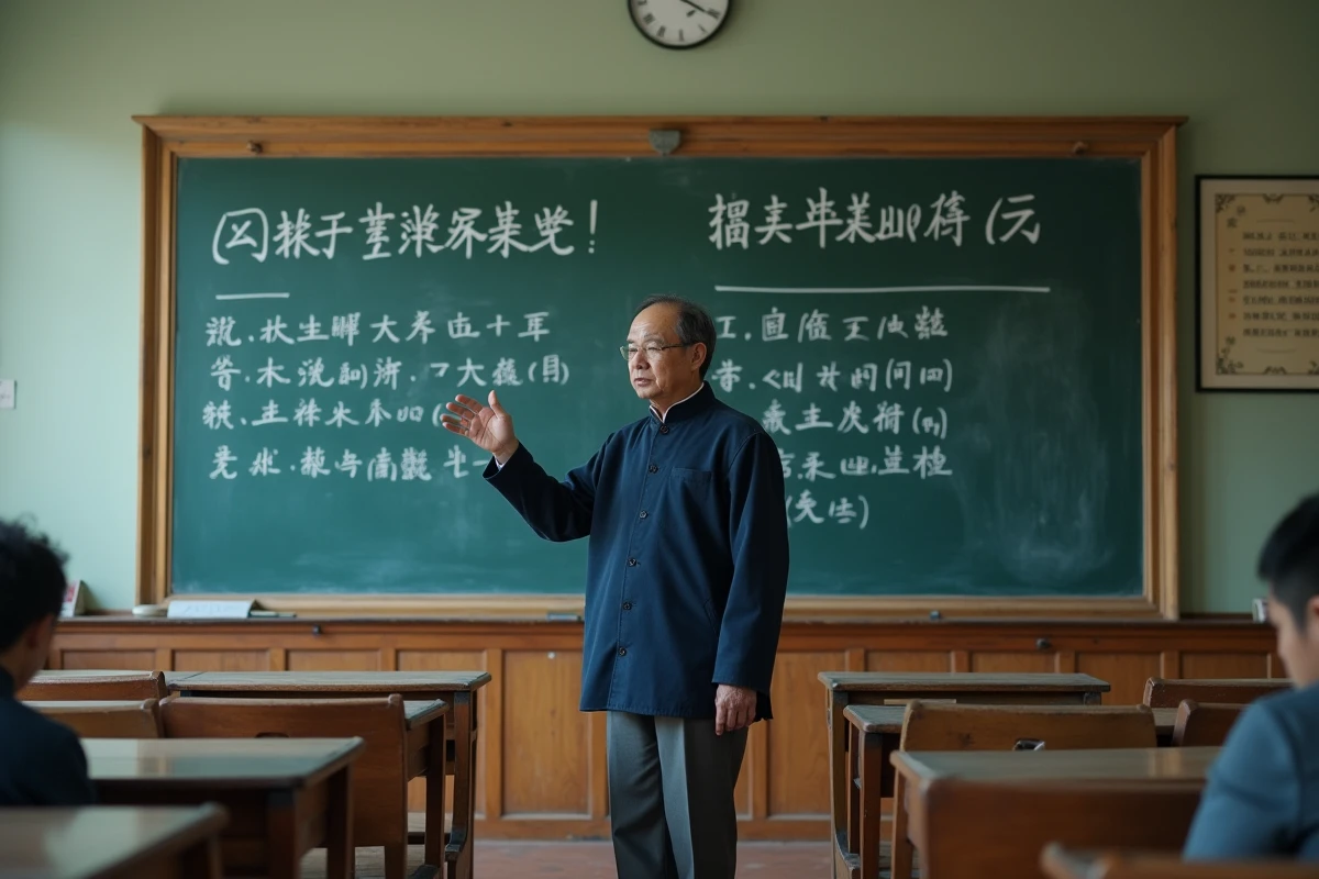 Professeur chinois d'âge mûr expliquant des proverbes chinois traduits en français au tableau d'une salle de classe universitaire