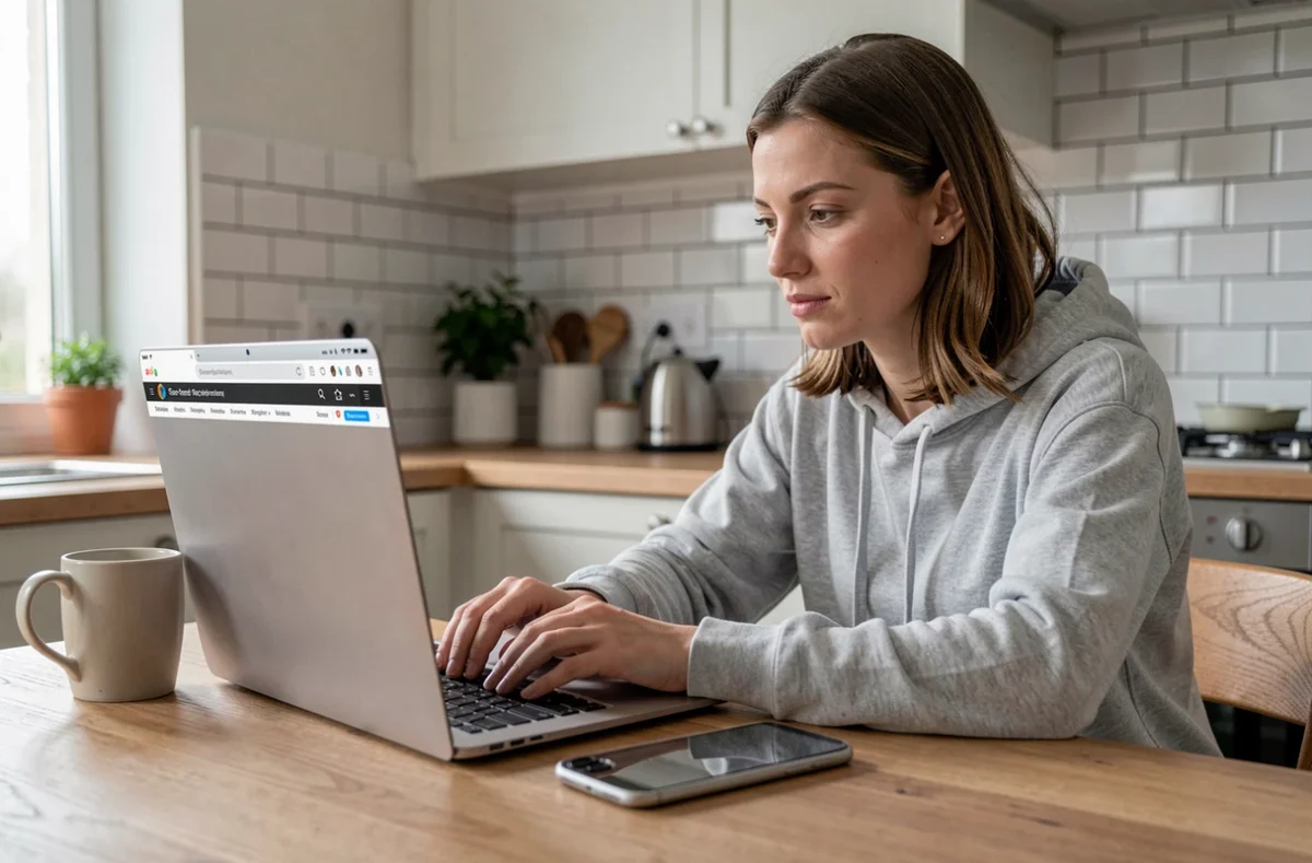 Femme recherchant un iPhone pas cher sur un site de vente en ligne depuis son appartement