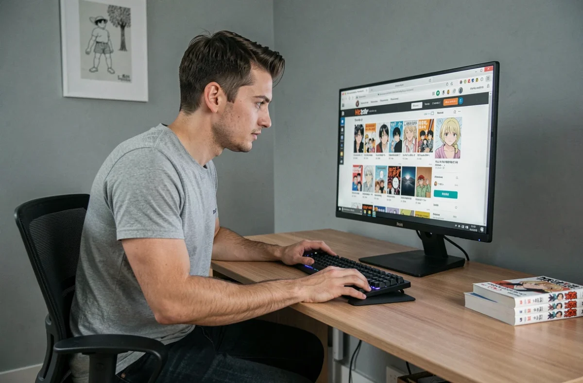 Homme cherchant des séries manga sur un site de scan en ligne depuis son bureau à domicile