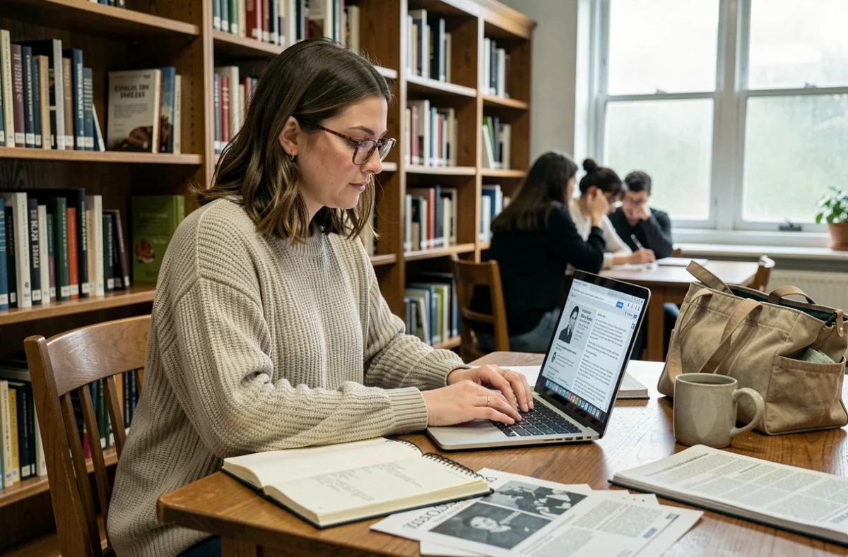 Jeune femme recherchant des topics légendaires du forum 18-25 de JVC dans une bibliothèque universitaire