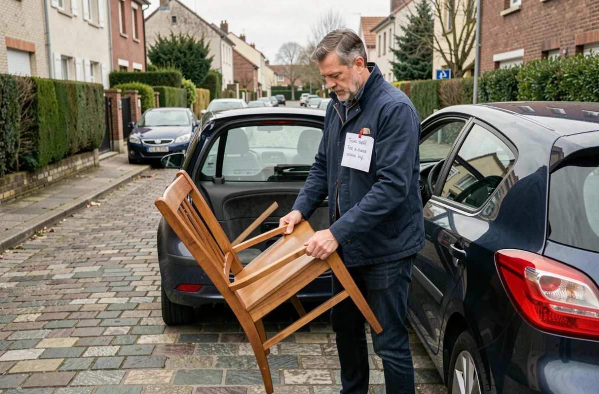 Homme récupérant un meuble donné sur un site de don entre particuliers, chargement dans un véhicule en rue résidentielle