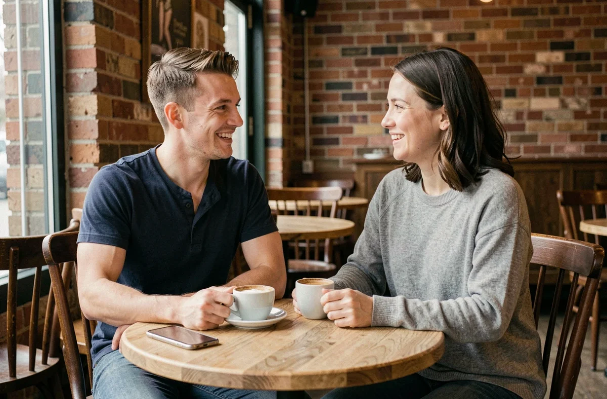 Homme transgenre et partenaire partageant un café lors d'un premier rendez-vous organisé via un site de rencontre