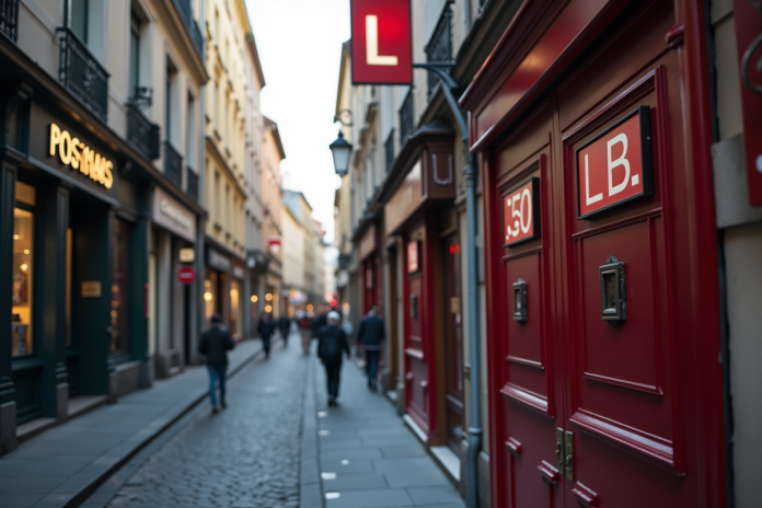 Rue de Lyon avec panneaux postaux visibles en journée