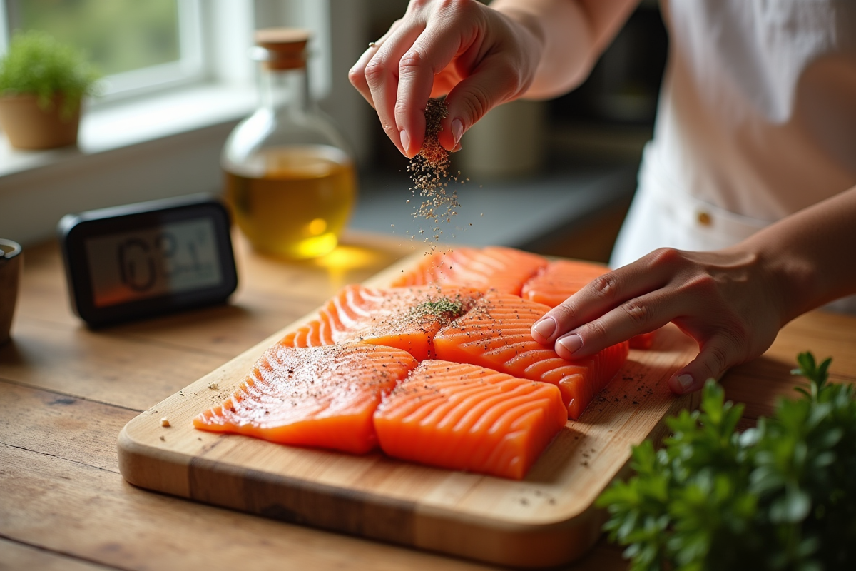 Personne assaisonne un filet de saumon cru avec épices