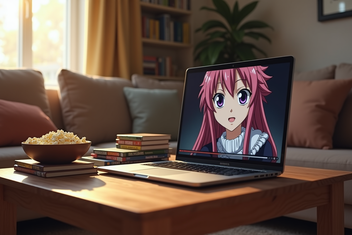 Salon cosy avec ordinateur et DVD Fairy Tail ambiance chaleureuse