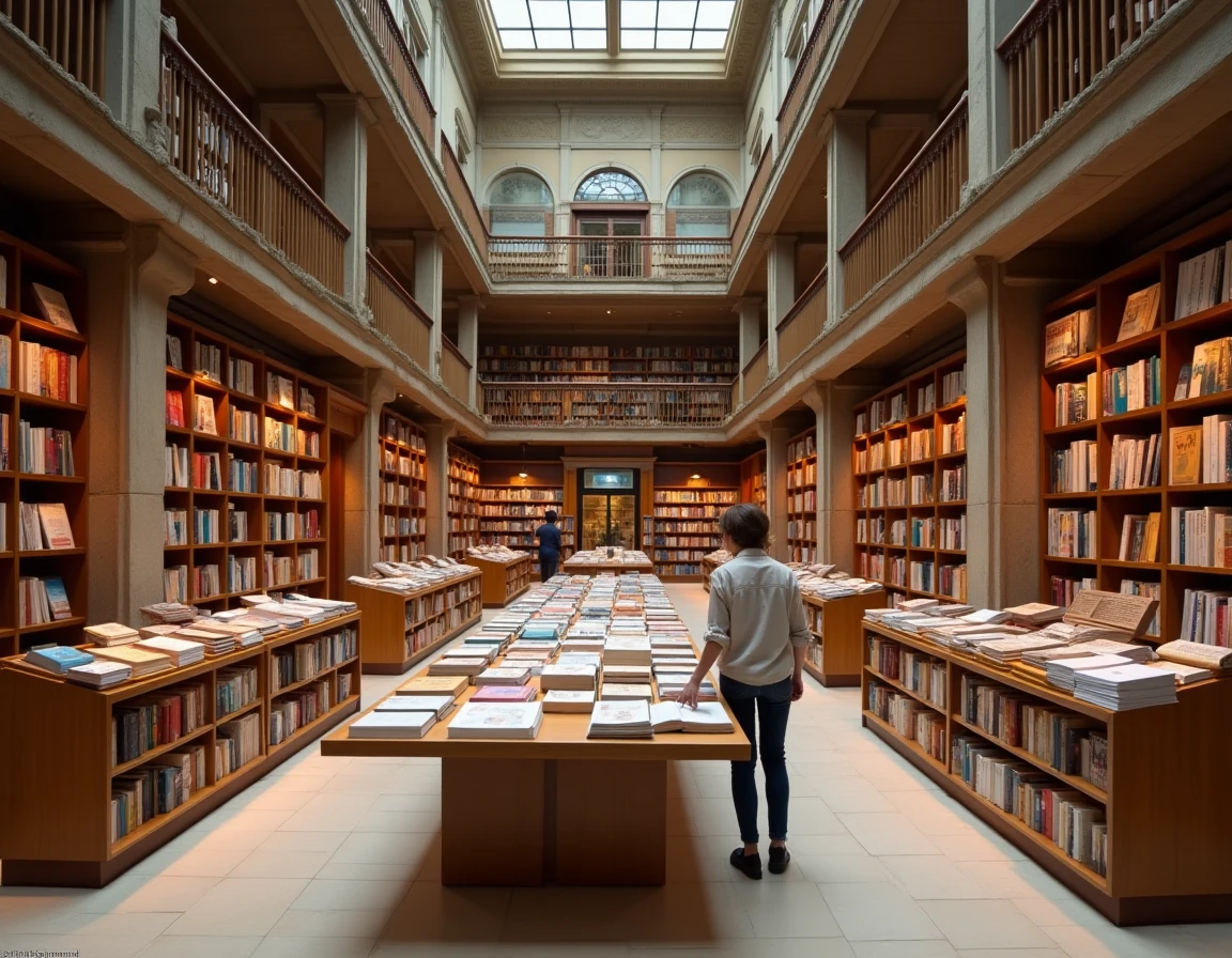 Grande librairie Sauramps Comédie en centre-ville de Montpellier avec ses tables de nouveautés et ses rayons de livres sur plusieurs niveaux