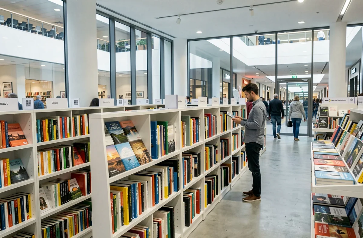 Librairie Sauramps Odyssée au Triangle à Montpellier avec ses rayonnages modernes et son large choix de livres généralistes