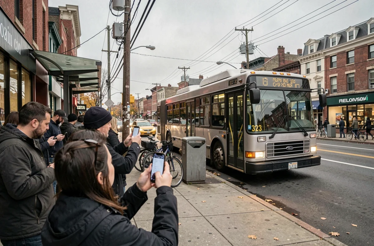 Scène urbaine aux heures de pointe avec des usagers consultant leur mobile au moment de l'arrivée du Bus 323 à l'arrêt