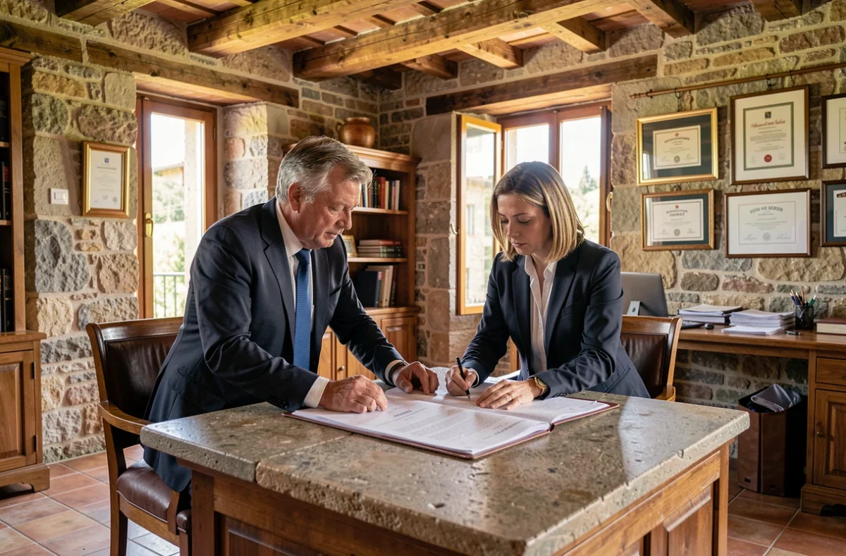 Cabinet SCP Antonini Hanser à Grosseto-Prugna, deux avocats en consultation dans un bureau traditionnel avec murs en pierre et poutres en bois