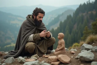 Homme barbu sculptant une figurine en argile en plein air