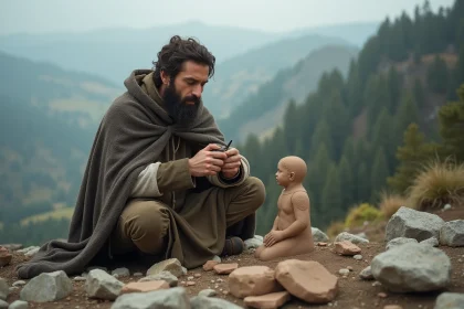 Homme barbu sculptant une figurine en argile en plein air