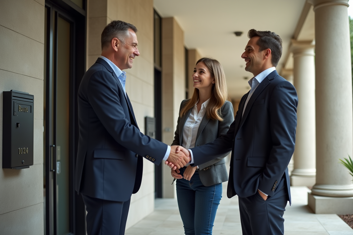 Homme en costume serrant la main d un jeune couple dans l entrée