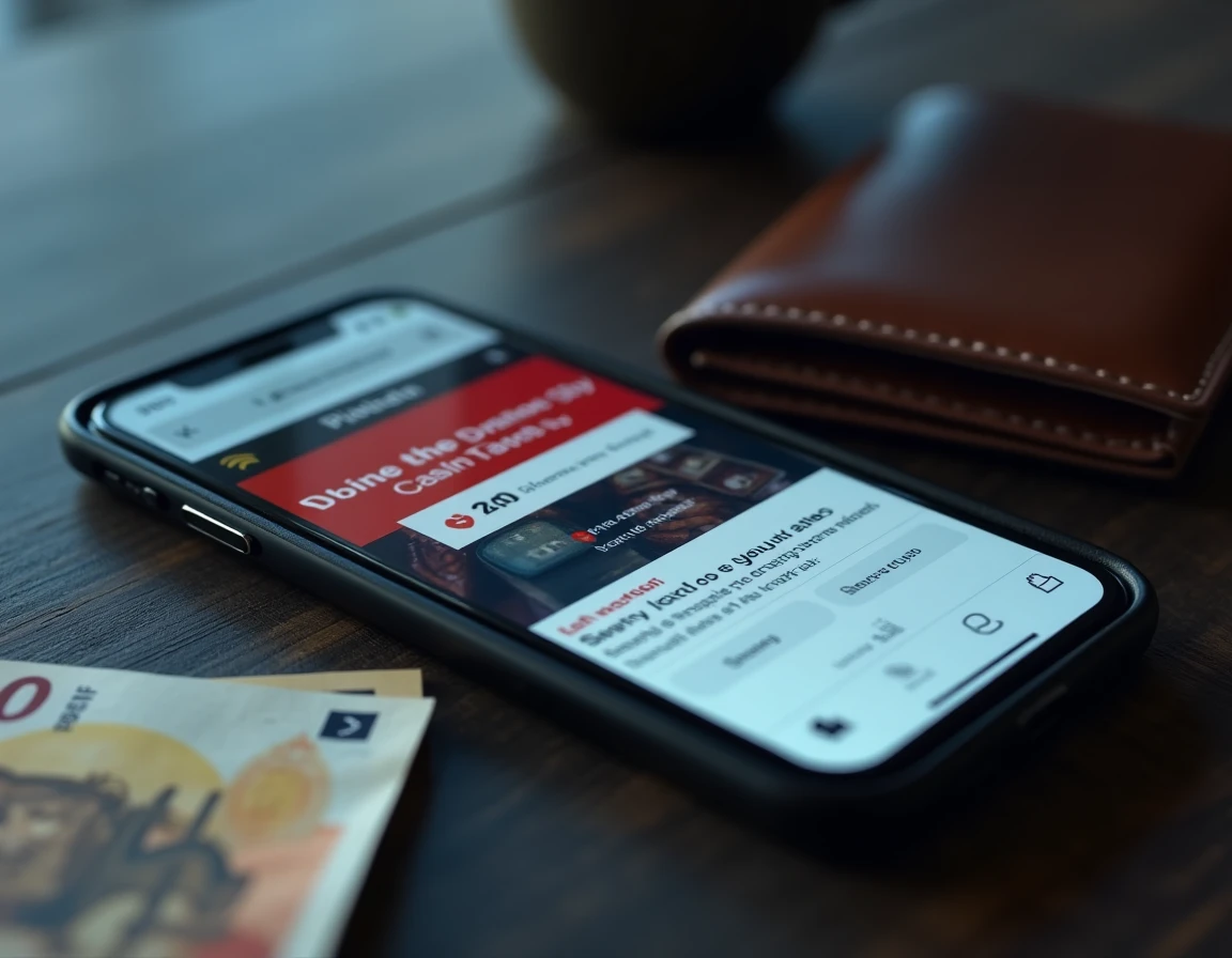 Vue aérienne d'un smartphone affichant un avertissement de sécurité sur un site de casino en ligne avec carte bancaire et billets exposés