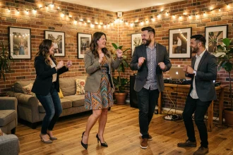 Groupe d'amis dansant lors d'une soirée privée dans un salon décoré avec guirlandes lumineuses et installation DJ