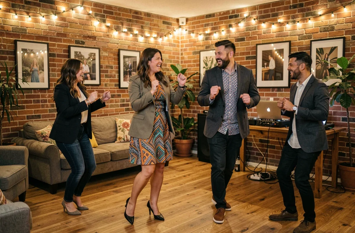 Groupe d'amis dansant lors d'une soirée privée dans un salon décoré avec guirlandes lumineuses et installation DJ