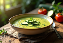 Bol de gazpacho de zucchini froid avec herbes et tranches