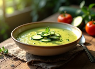 Bol de gazpacho de zucchini froid avec herbes et tranches