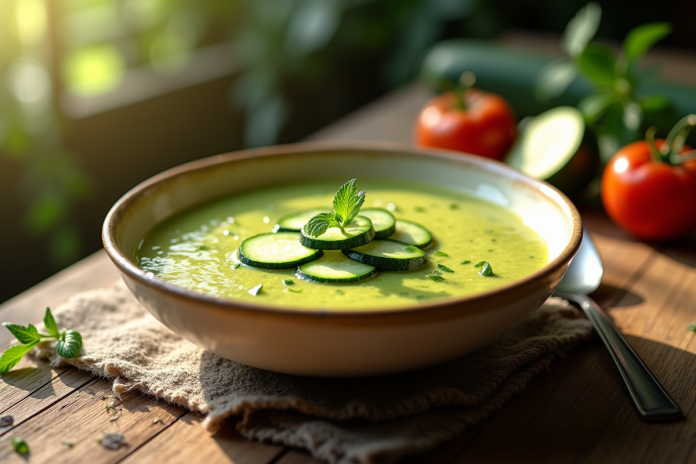 soupe-zucchini-gazpacho Bol de gazpacho de zucchini froid avec herbes et tranches