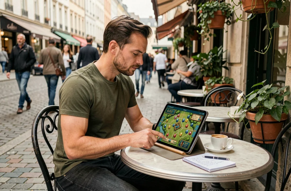 Homme consultant sa stratégie Monopoly Go Tycoon Club sur une tablette dans un café en terrasse