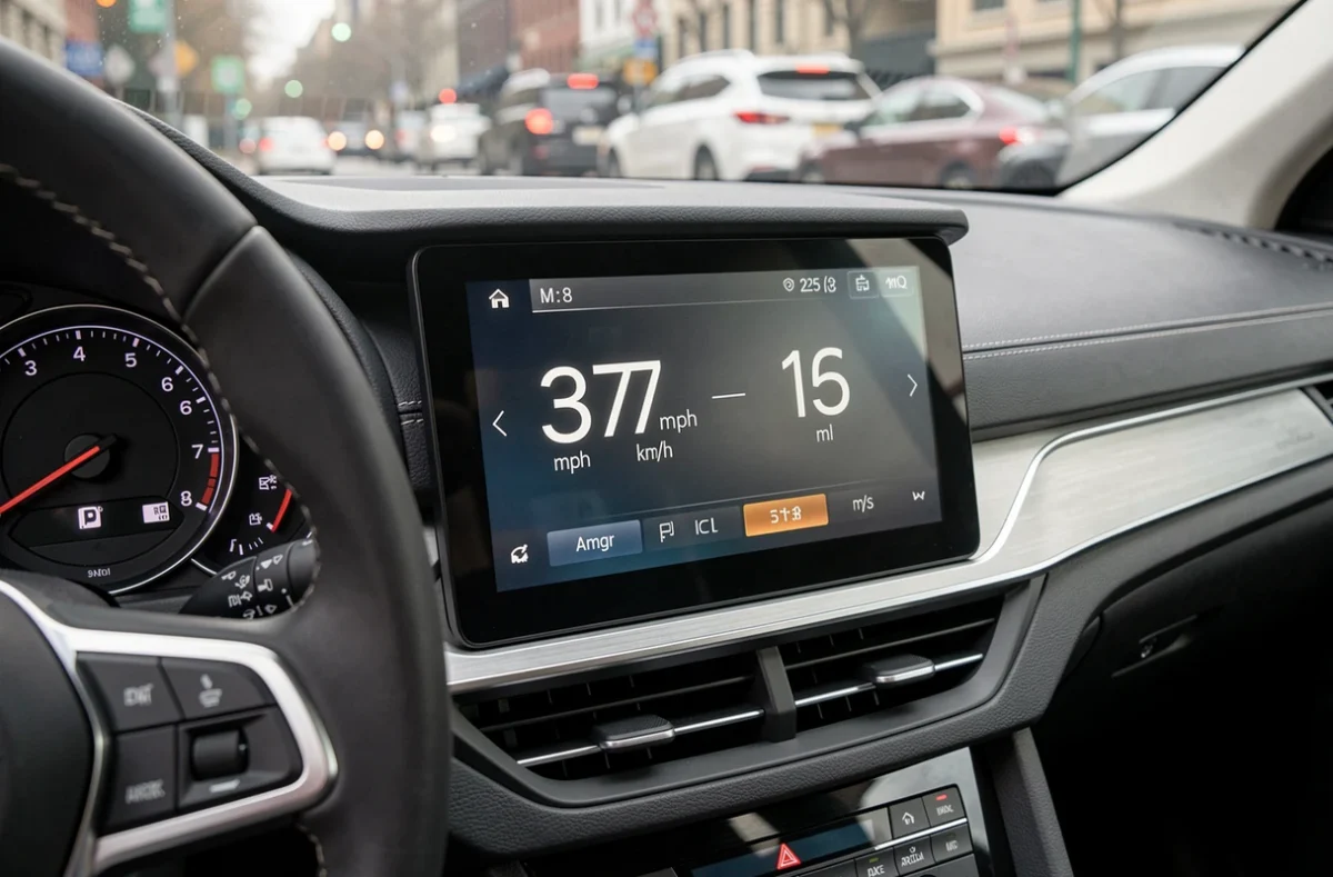 Tableau de bord numérique moderne affichant une vitesse de 37 mph avec conversion en km/h et m/s