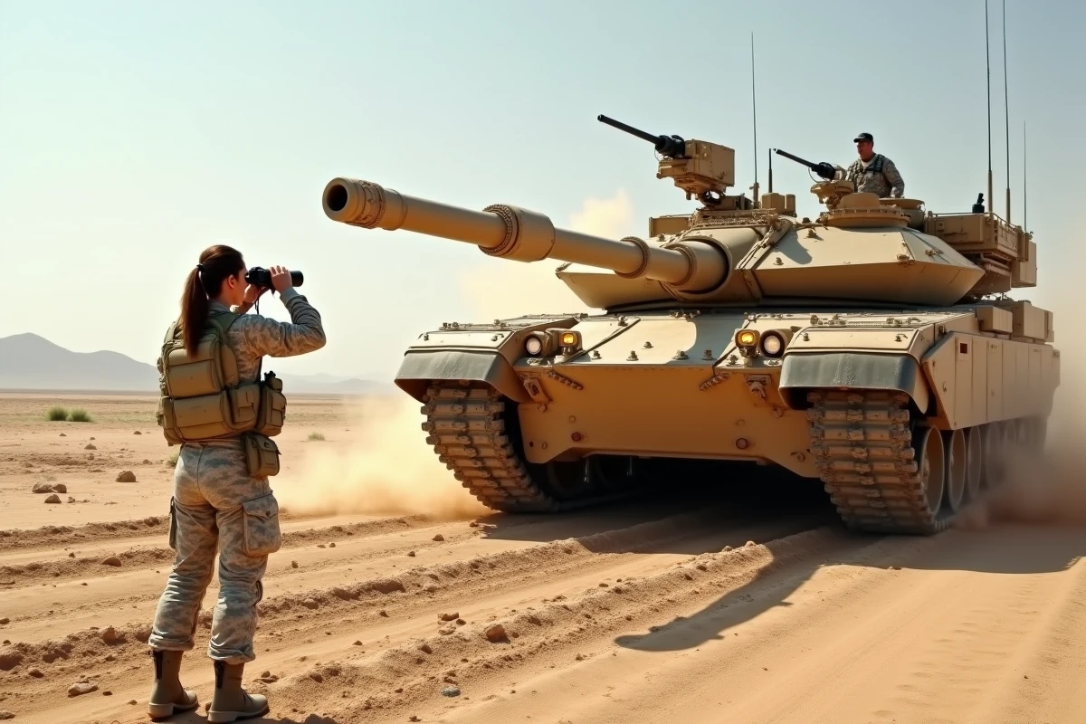Soldate féminine avec tank Abrams dans le désert