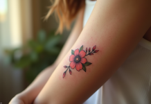 Bras d'une femme avec tatouage floral lumineux