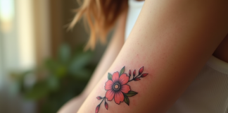 Bras d'une femme avec tatouage floral lumineux