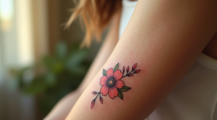 Bras d'une femme avec tatouage floral lumineux