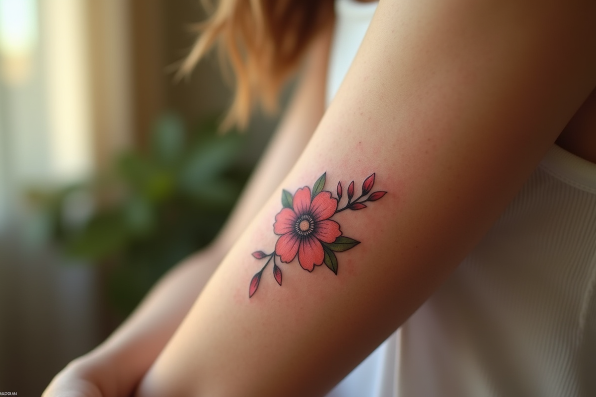 Bras d'une femme avec tatouage floral lumineux
