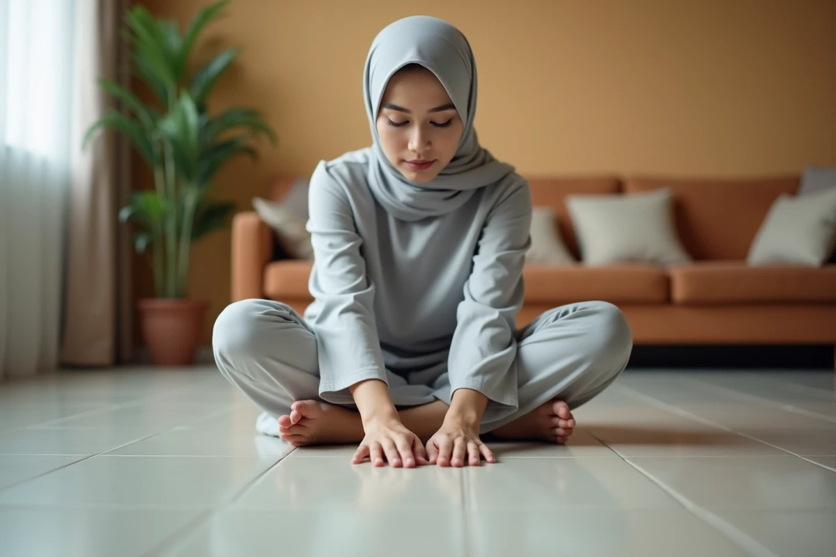Femme en hijab pratiquant le tayammum sur un carrelage propre dans un intérieur domestique calme
